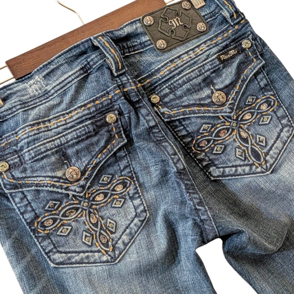 Miss Me Bootcut Jeans Women's 31 Blue Embroidered Flap Pocket Y2K Distressed